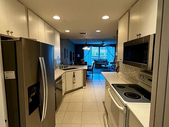Kitchen view into living room
