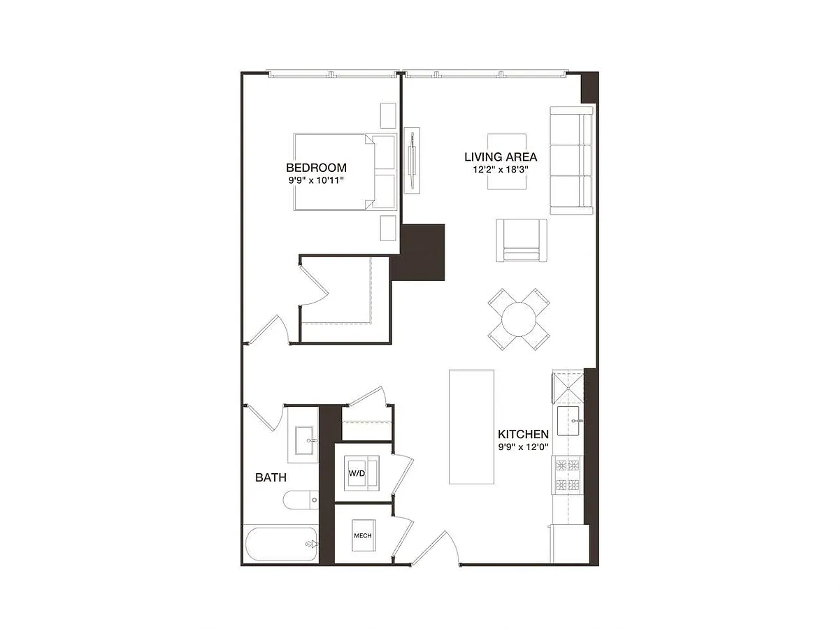 Floor plan 1 Bed - 1 Bath | AJ3