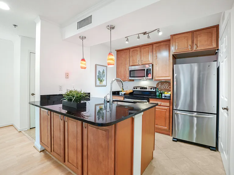 Stainless Steel appliances and granite counters.