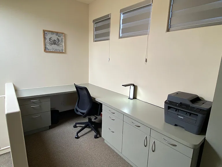 Home Office with wireless laser printer and lots of storage