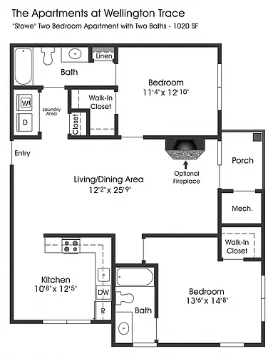 Floor plan 2BR 2BA (1020sf)
