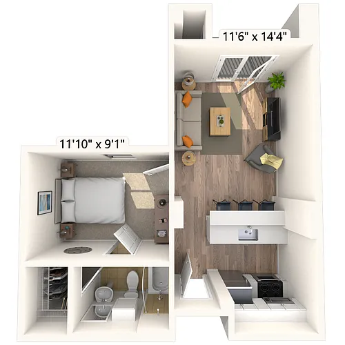 Floor plan Traditional 1x1 498-564 SF