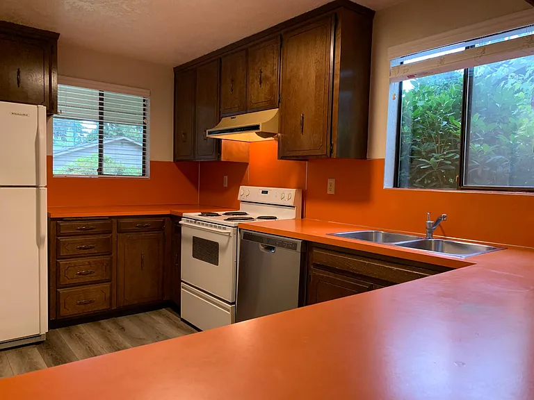 70's vibe colors with updated plank flooring, garbage disposal and all electric appliances. Kitchen is roomy and smart layout, just off entry. Deep counter for bar stools. Hall pantry across from kitchen with two add'l deep closets in hallway.