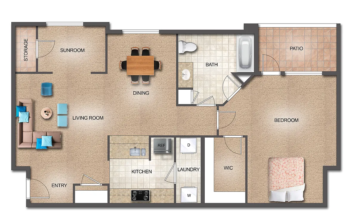 Floor plan 1 Bedroom w/Sunroom and Patio