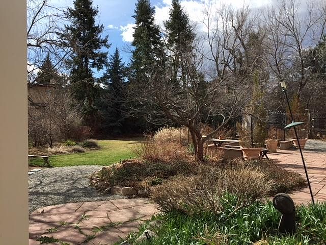 View of backyard in winter from apartment kitchen window