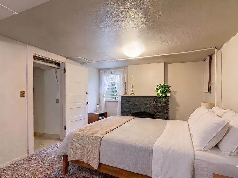 Basement bedroom with fireplace