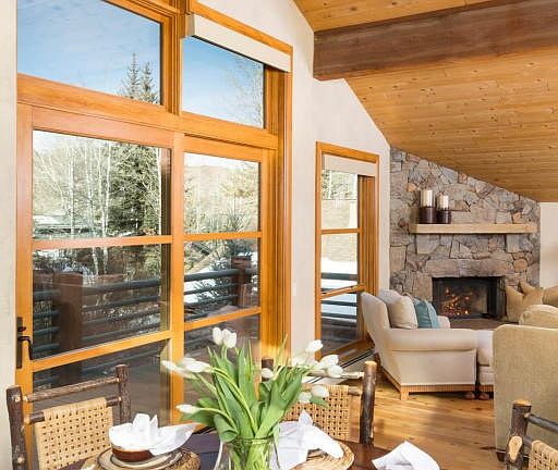 Fireplace warms living and dining areas