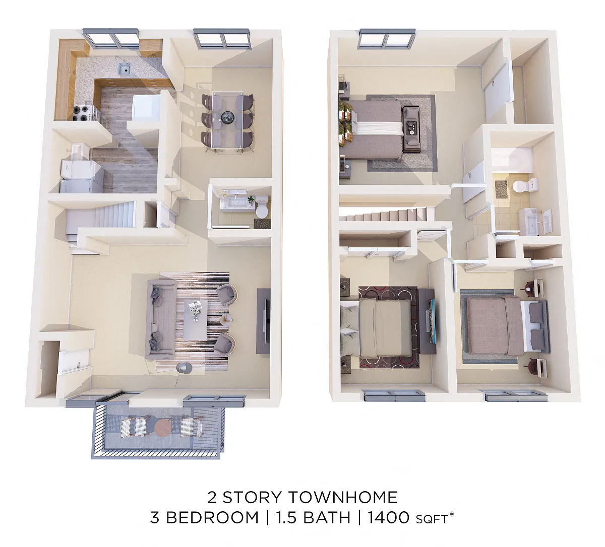 Floor plan Three Bedroom 1.5 Bath Townhouse - 1,400 sqft