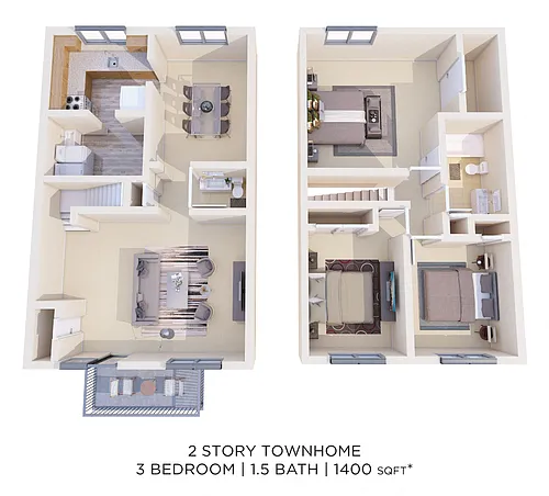 Floor plan Three Bedroom 1.5 Bath Townhouse - 1,400 sqft