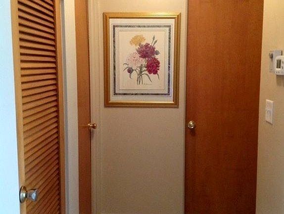 Hallway with linen closet leading to adjoing bedrooms and b