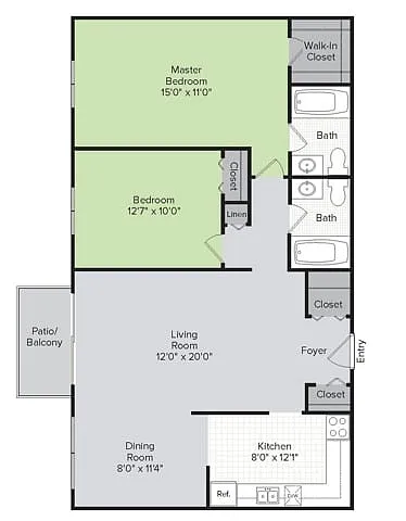 Floor plan 2 Bedroom, 2 Bath (1,100 sq ft)