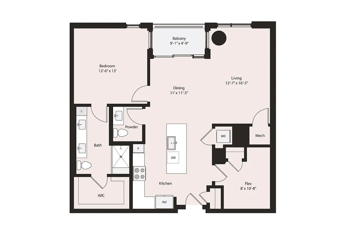 Floor plan 1 Bedroom Plus Den, 1 Bath
