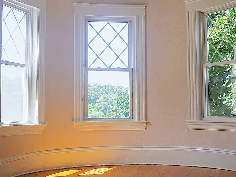 Beautiful afternoon sunlight reflecting into living room with great green view.