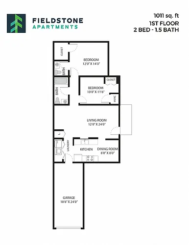 Floor plan 2 Bed, 1.5 Bath - 1,011 sq ft