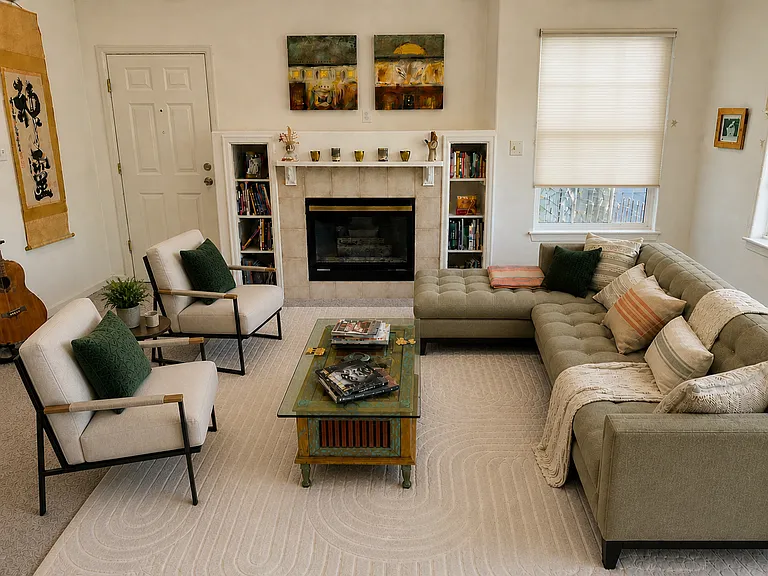Main level living room also available to share, with gas fireplace and lots of windows