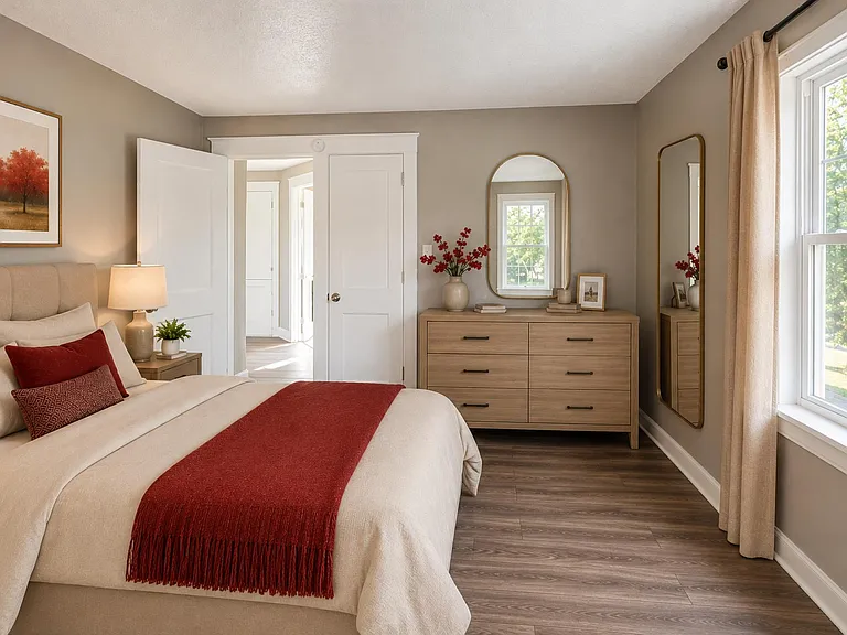 Inviting bedroom with a large window, generous dresser storage, and neutral finishes for easy move-in.
