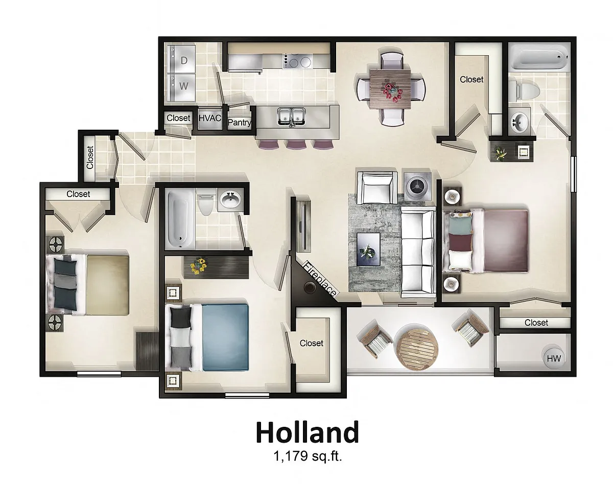 Floor plan 3 Bedroom 2 Bath with Balcony or Patio Holland