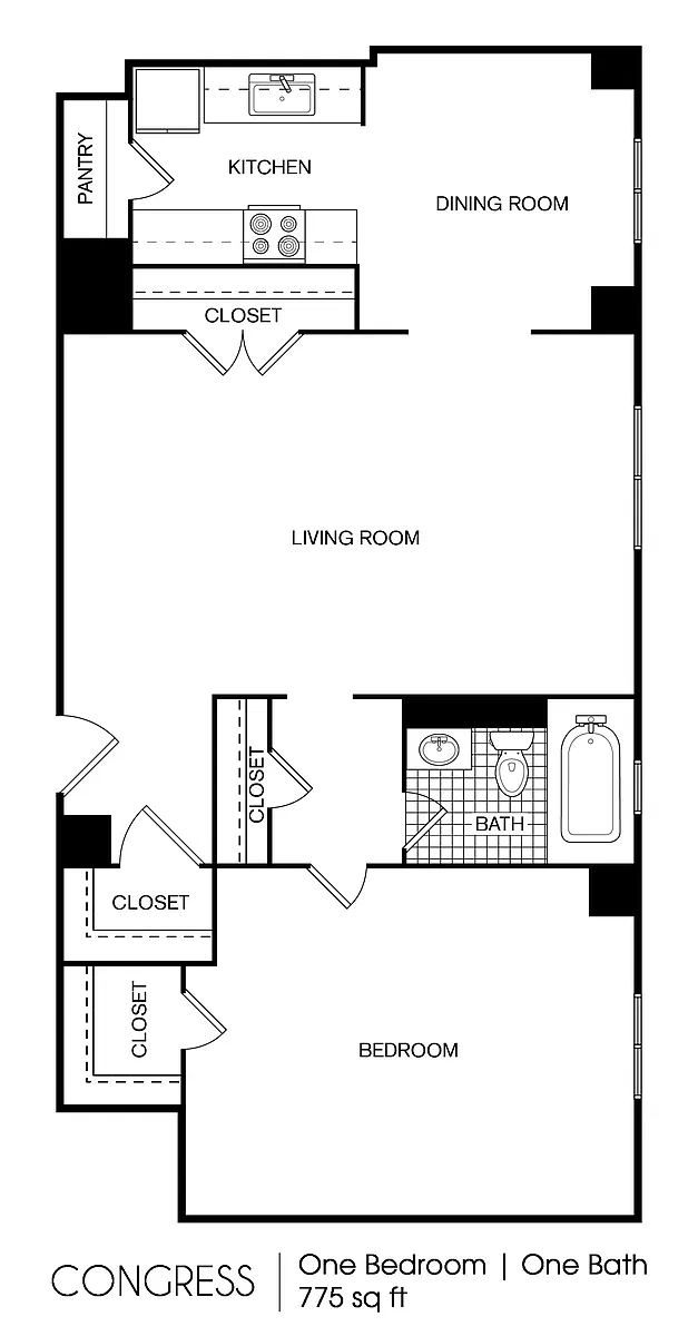 Floor plan Congress 1 Bedroom 1 Bath 775