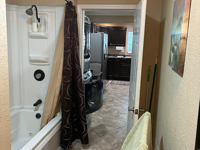 Bathroom shower and jetted tub.
