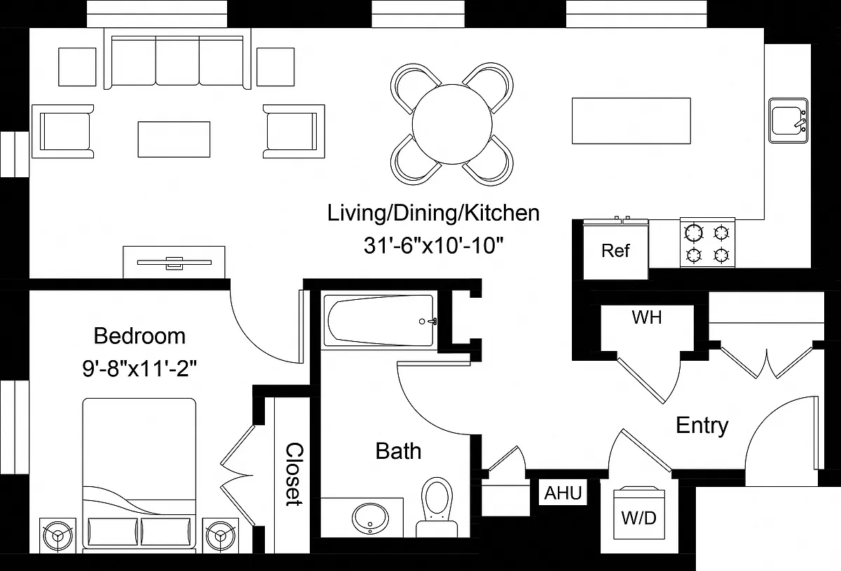 Floor plan 1 Bed/1 Bath Den-A2D