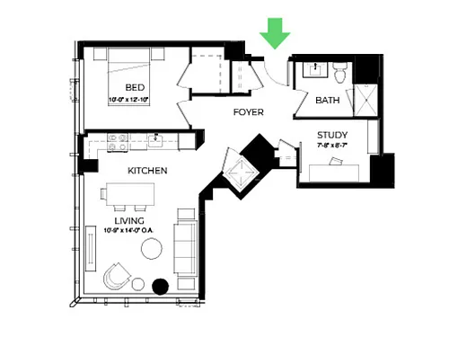 Floor plan AD16 | 1 Bed | 1 Bath | Den