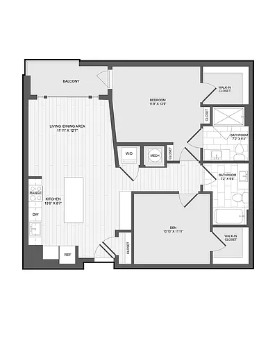 Floor plan 1 Bed2 Bath Den-1.5E
