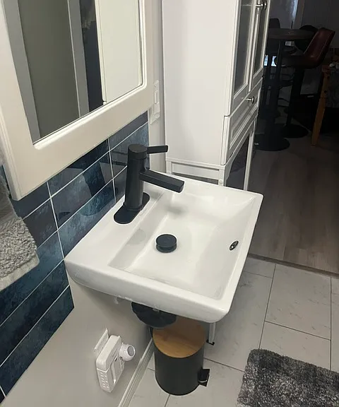 New sink and faucet and flip trashcan with side by stand up storage for bathroom items and toiletries.