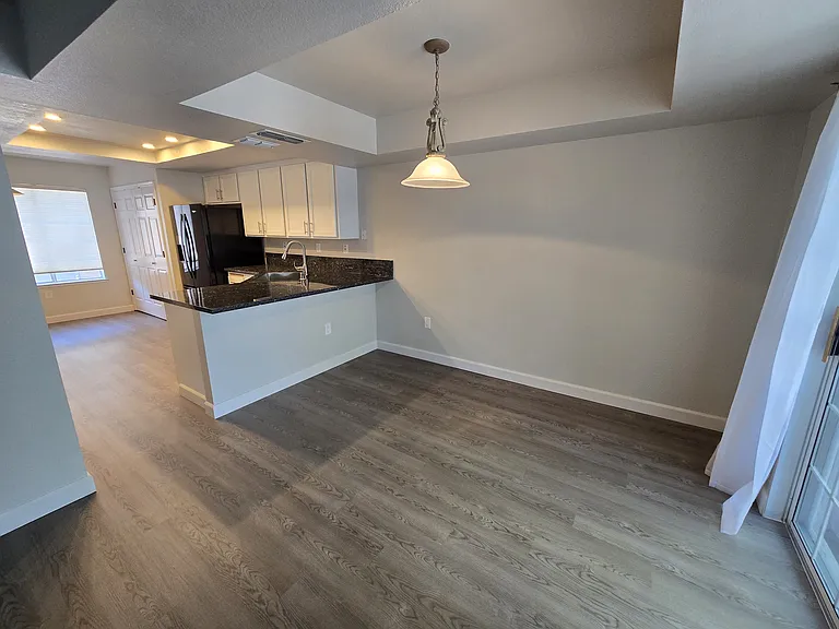 Spacious dining area adjacent to the gourmet kitchen, featuring elegant tray ceiling architecture and sliding glass door to the private patio.
