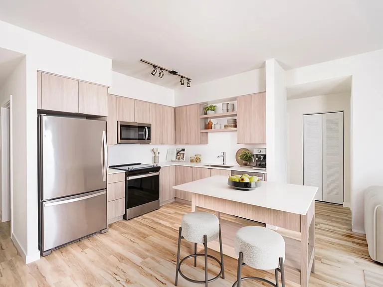 Each apartment includes ENERGY STAR stainless steel appliances and large chef's island with built-in storage.