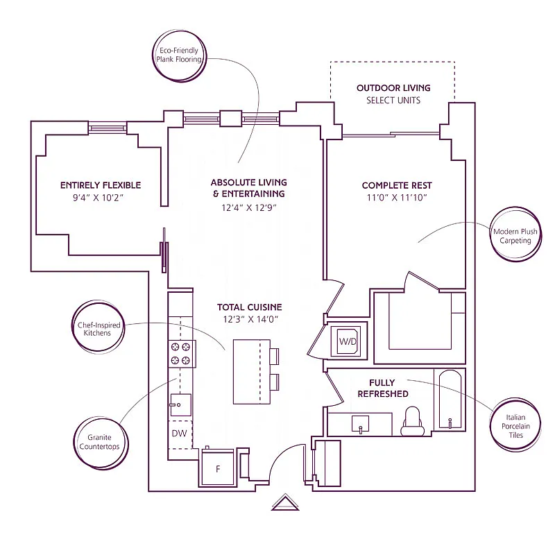 Floor plan 1 Bed - 1 Bath + Den | AD01