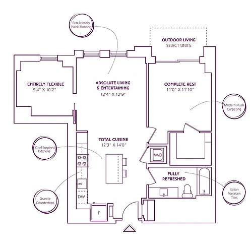 Floor plan 1 Bed - 1 Bath + Den | AD01