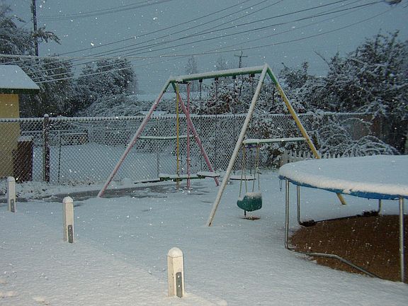 Snowing/ Kids swing set & trampoline area. Garden area is to your right