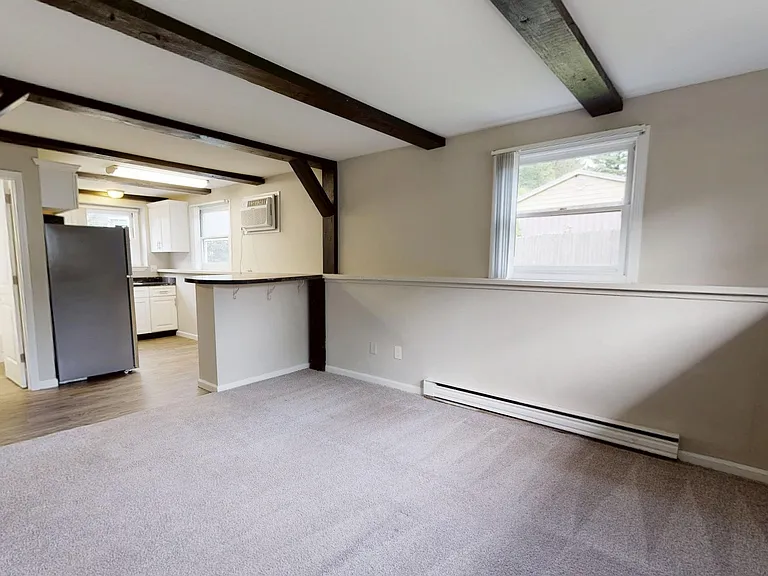 Experience the charm of our Hampshire studio with exposed beams, plush carpet, and an open-concept layout that flows into the kitchen.