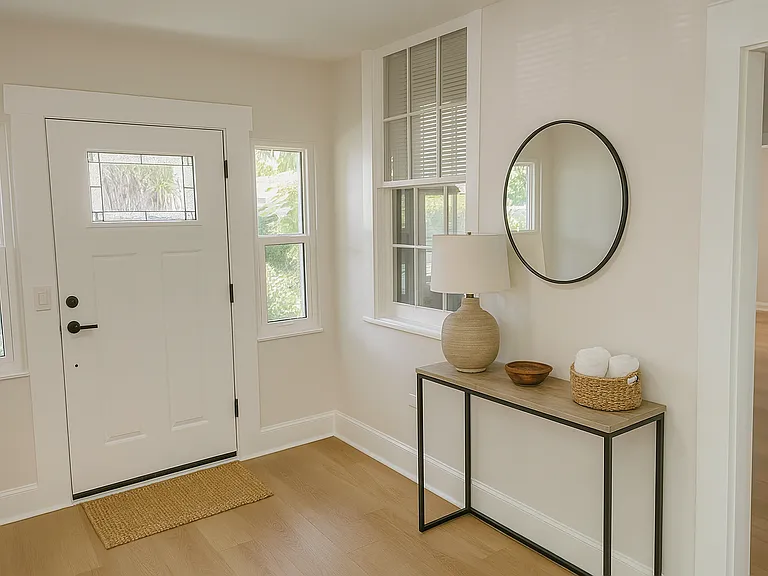 Digital rendering of the front door from inside the bonus room.