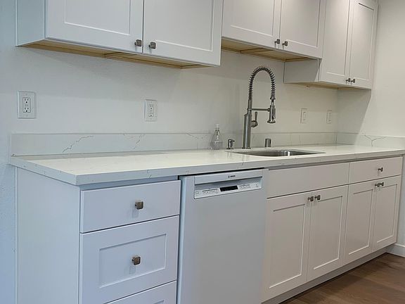 Newly remodeled kitchen with Bosch dishwasher and quartz counters.