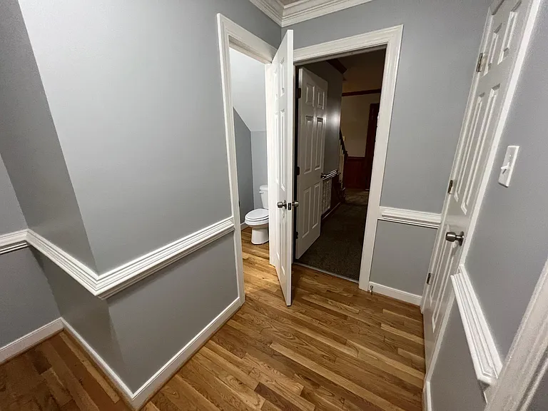 Closer view of downstairs hall bathroom with entry to family room and hall closet on the right.