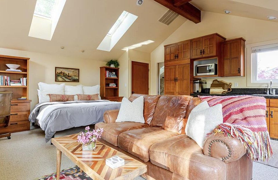 Vaulted ceilings with skylights make this studio feel light and spacious.