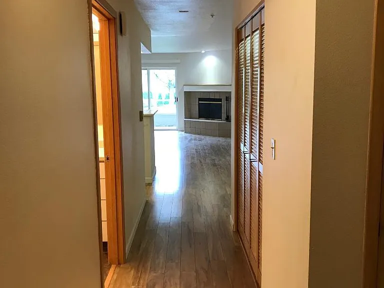 Hallway looking into living room. Bathroom on left. Laundry closet to right.