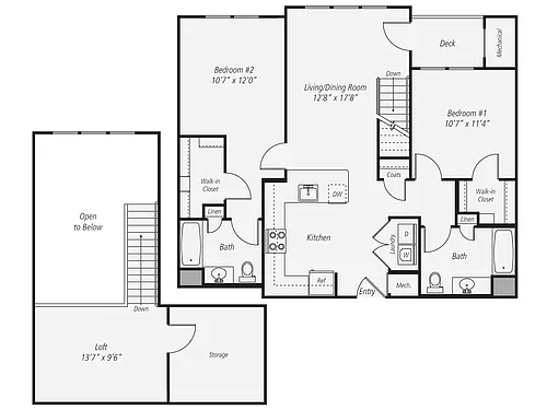 Floor plan 2 Bed/2 Bath Loft-B3L