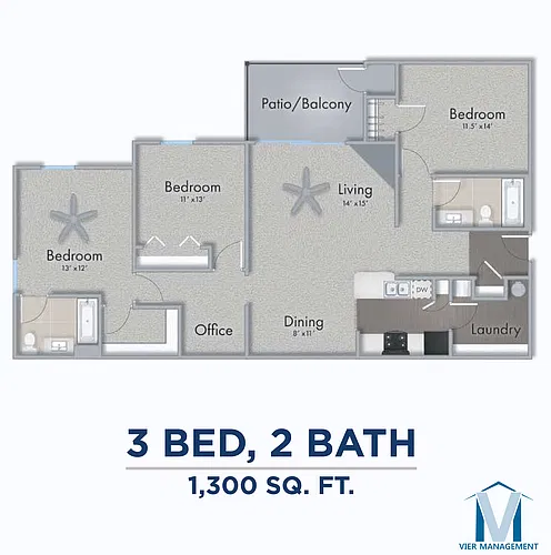 Floor plan Three Bed, Two Bath