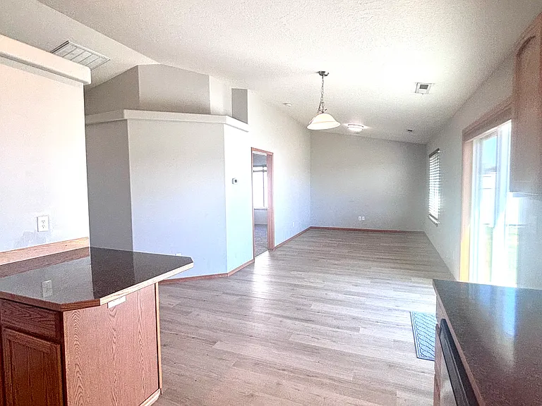 Kitchen with family room features a slider to the back yard