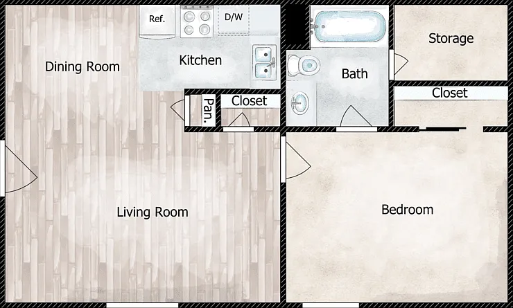 1 Bed 1 Bath Floorplan Diagram