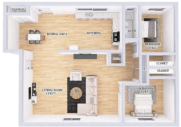 Floor plan 2 Bed, 1 Bath Apartment