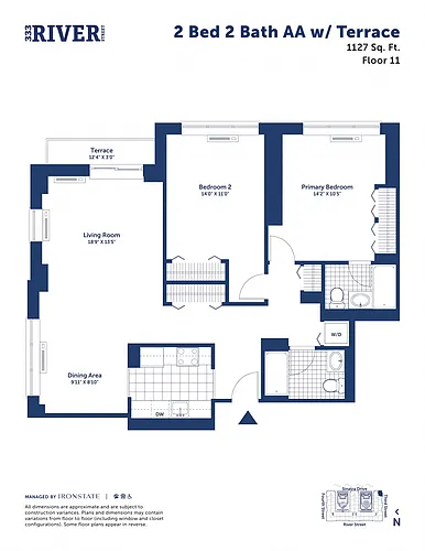 Floor plan 2 Bed 2 Bath AA with Terrace
