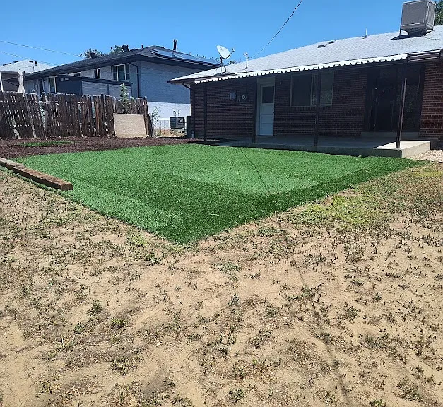 Some artificial grass in back yard
