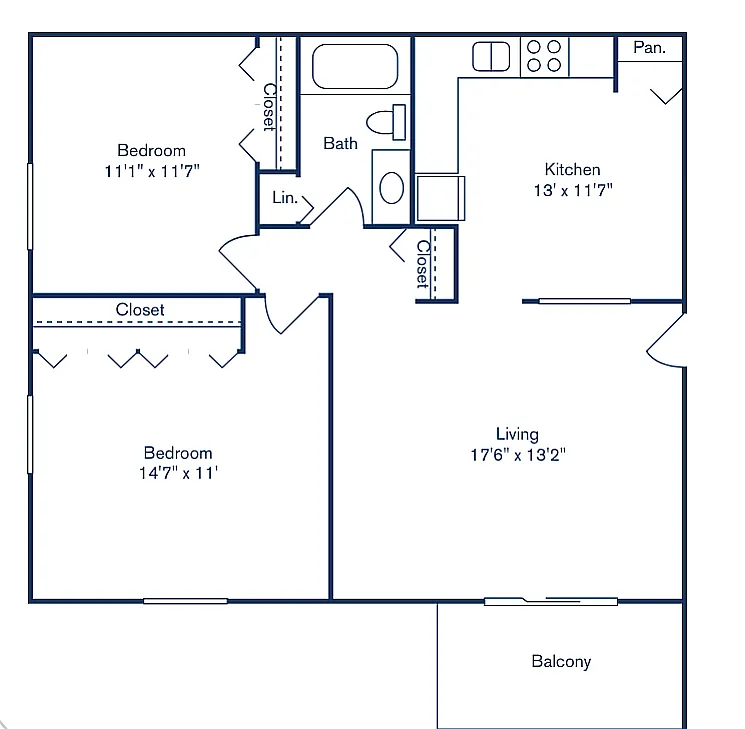 Floor plan 2 Bedroom, 1 Bath (858 sqft.) - South