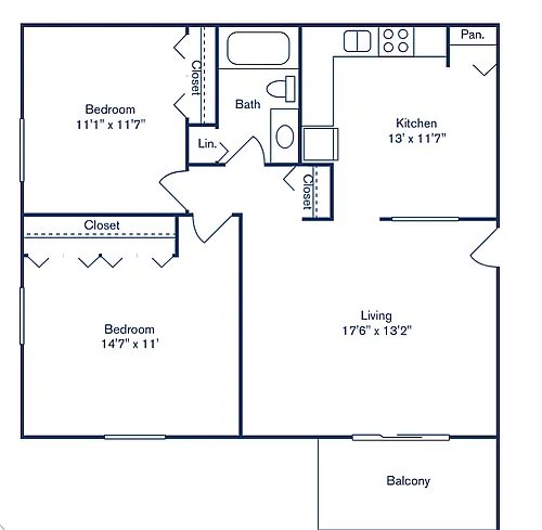 Floor plan 2 Bedroom, 1 Bath (858 sqft.) - South