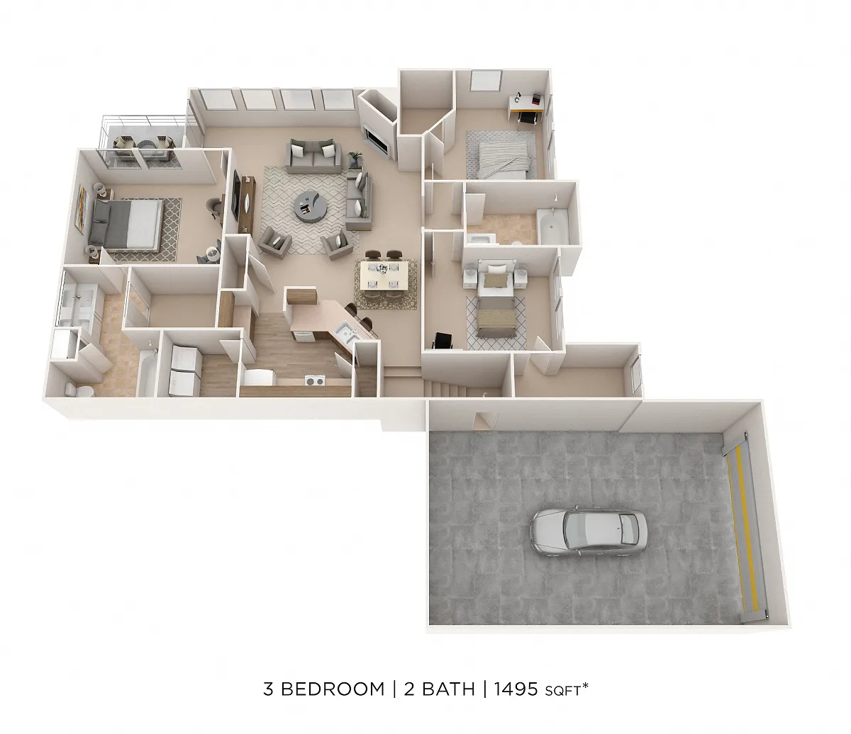 Floor plan Three Bedroom 2 Bath- 1495 sqft