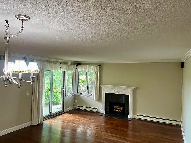 Expansive Family Room - Dining Area with hardwood floors and fireplace. Windows look out over a wild meadow, and a door opens out to the patio