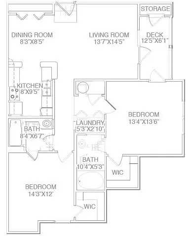 Floor plan Two Bed Two Bath Standard with Patio-Renovated